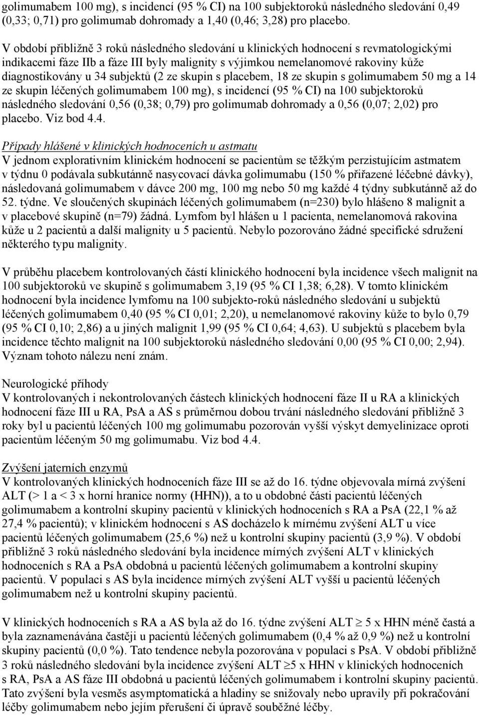 subjektů (2 ze skupin s placebem, 18 ze skupin s golimumabem 50 mg a 14 ze skupin léčených golimumabem 100 mg), s incidencí (95 % CI) na 100 subjektoroků následného sledování 0,56 (0,38; 0,79) pro