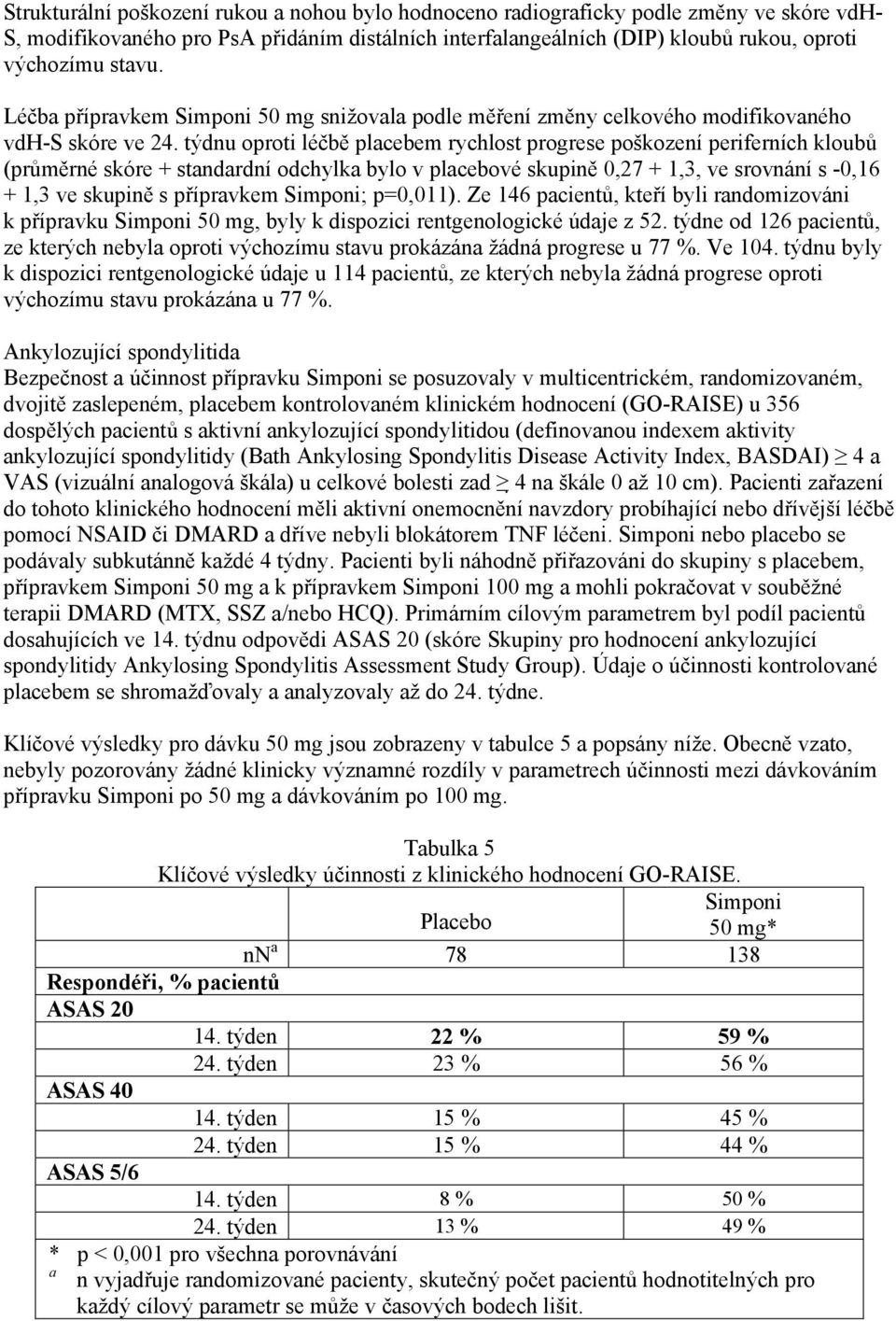 týdnu oproti léčbě placebem rychlost progrese poškození periferních kloubů (průměrné skóre + standardní odchylka bylo v placebové skupině 0,27 + 1,3, ve srovnání s -0,16 + 1,3 ve skupině s přípravkem