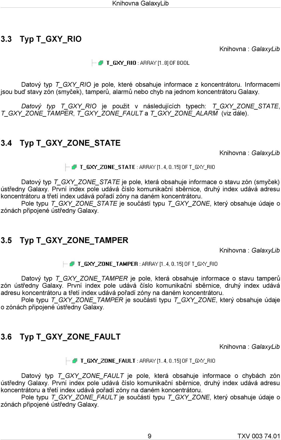 4 Typ T_GXY_ZONE_STATE Datový typ T_GXY_ZONE_STATE je pole, která obsahuje informace o stavu zón (smyček) ústředny Galaxy.