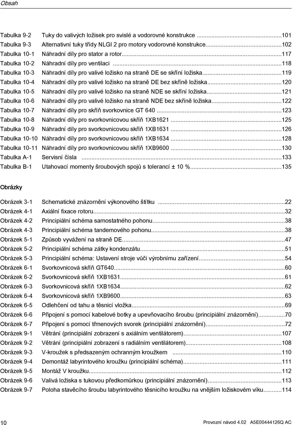 ..119 Tabulka 10-4 Náhradní díly pro valivé ložisko na straně DE bez skříně ložiska...120 Tabulka 10-5 Náhradní díly pro valivé ložisko na straně NDE se skříní ložiska.