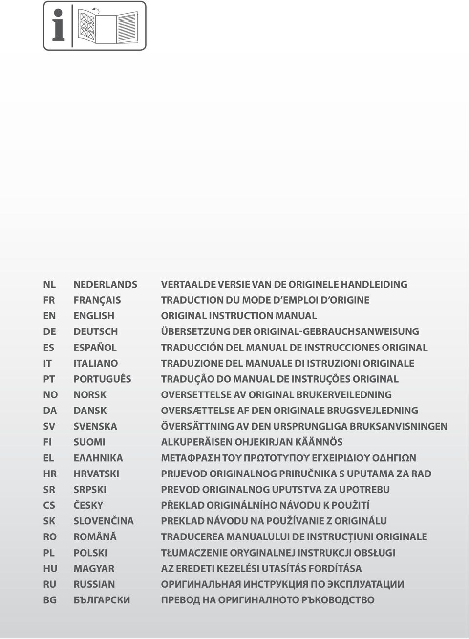 original NO Norsk oversettelse av original brukerveiledning DA Dansk oversættelse af den originale brugsvejledning SV Svenska Översättning av den ursprungliga bruksanvisningen FI Suomi alkuperäisen