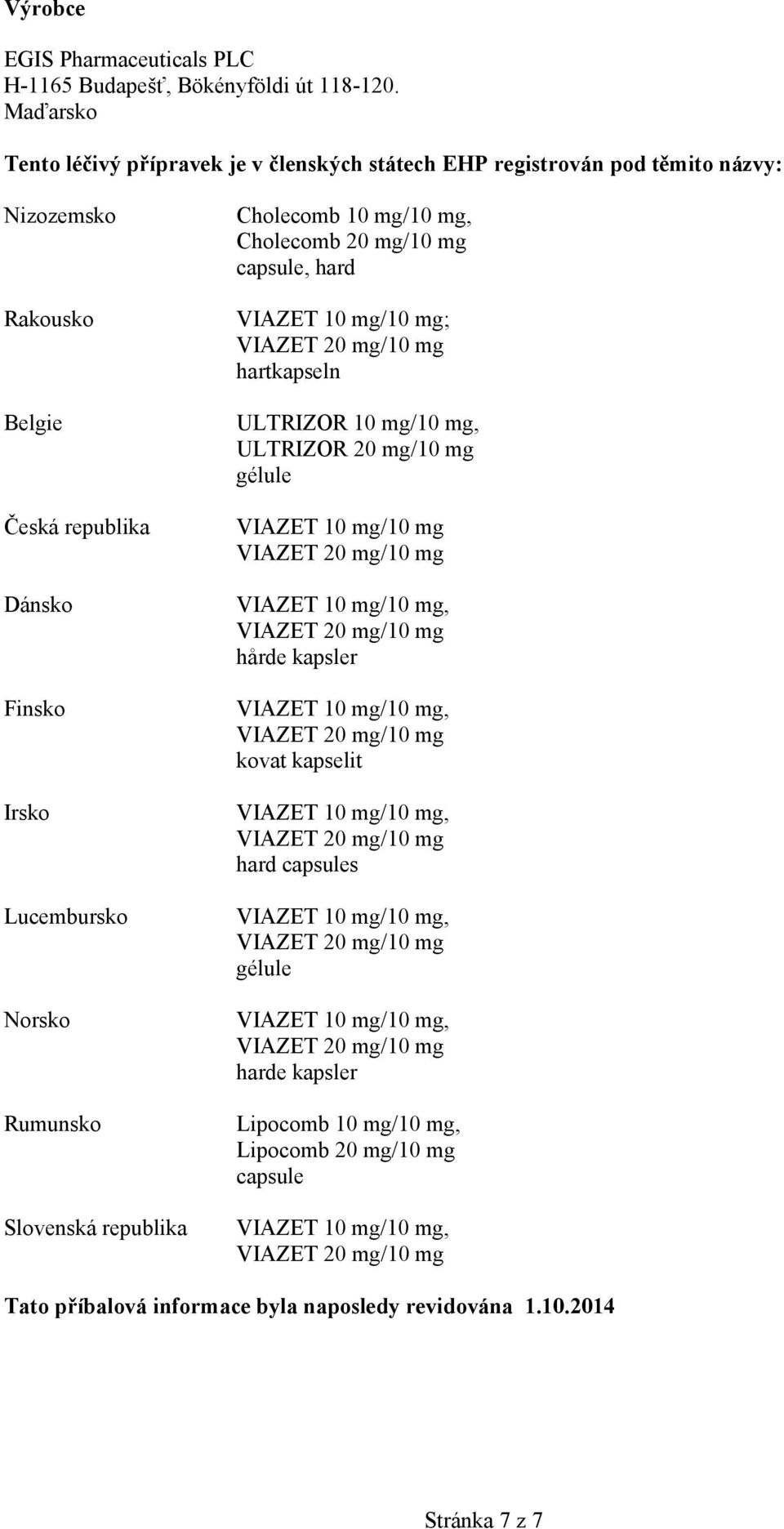 Lucembursko Norsko Rumunsko Slovenská republika Cholecomb 10 mg/10 mg, Cholecomb 20 mg/10 mg capsule, hard VIAZET 10 mg/10 mg; hartkapseln ULTRIZOR 10