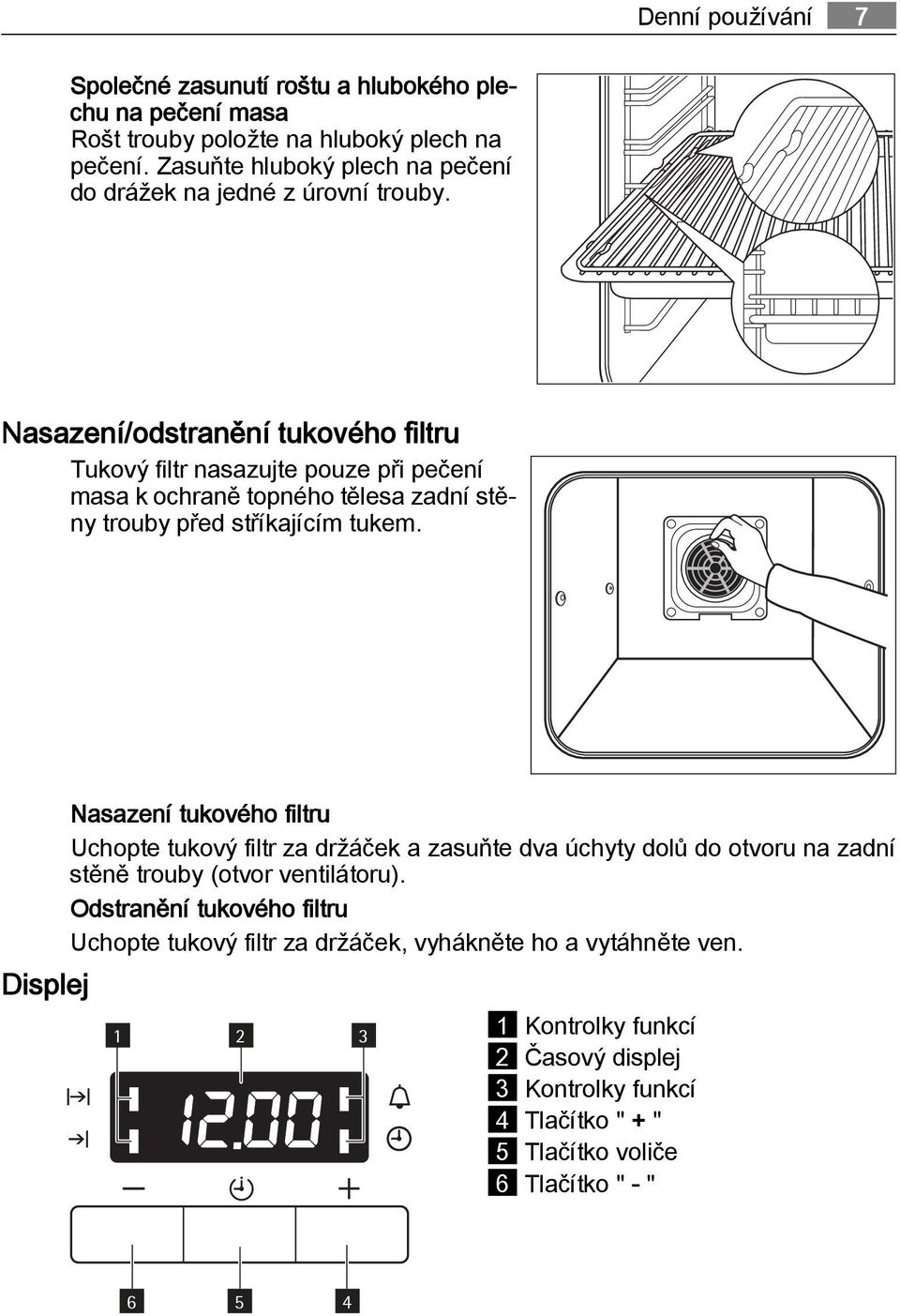 Nasazení/odstranění tukového filtru Tukový filtr nasazujte pouze při pečení masa k ochraně topného tělesa zadní stěny trouby před stříkajícím tukem.