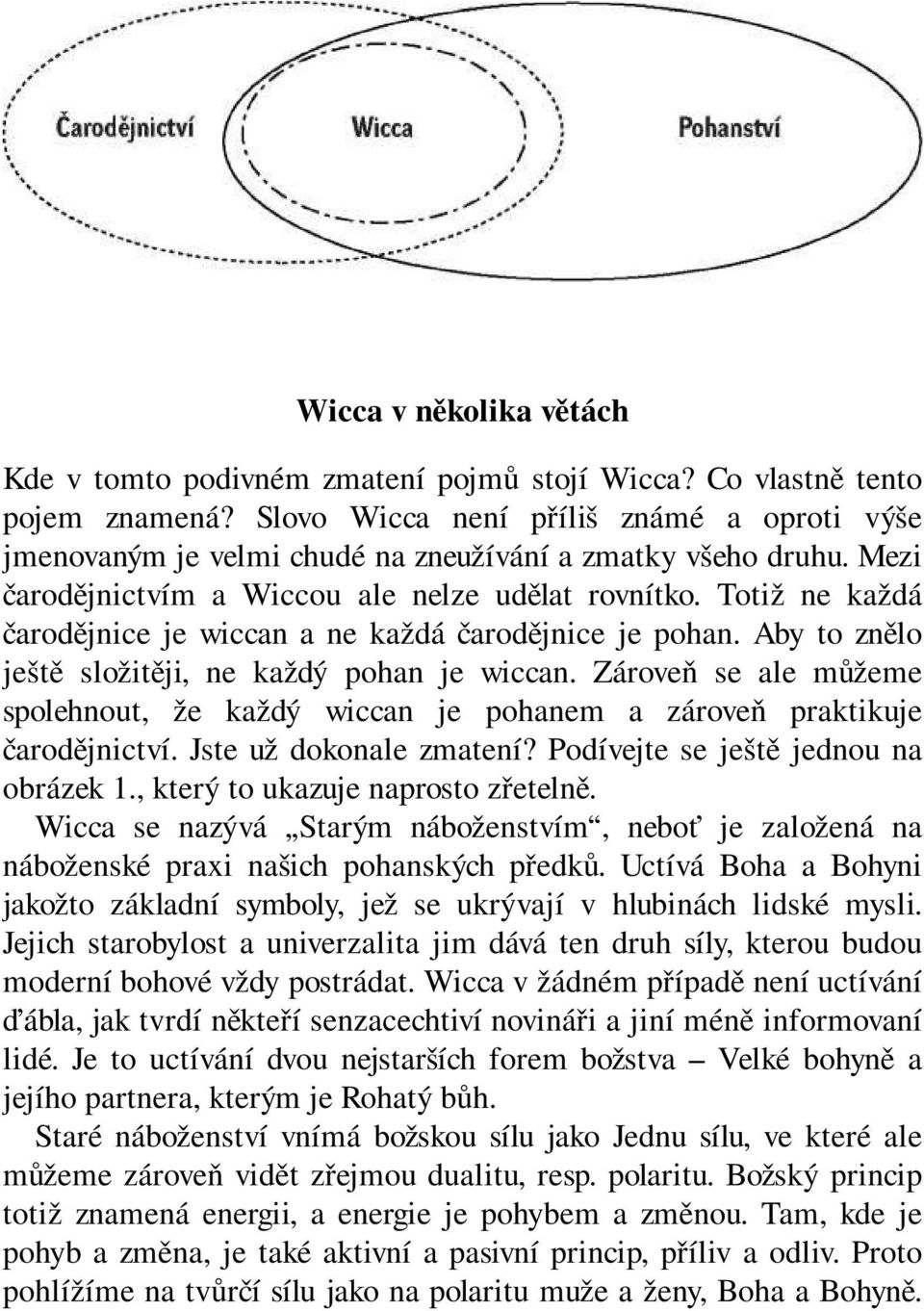 Totiž ne každá čarodějnice je wiccan a ne každá čarodějnice je pohan. Aby to znělo ještě složitěji, ne každý pohan je wiccan.