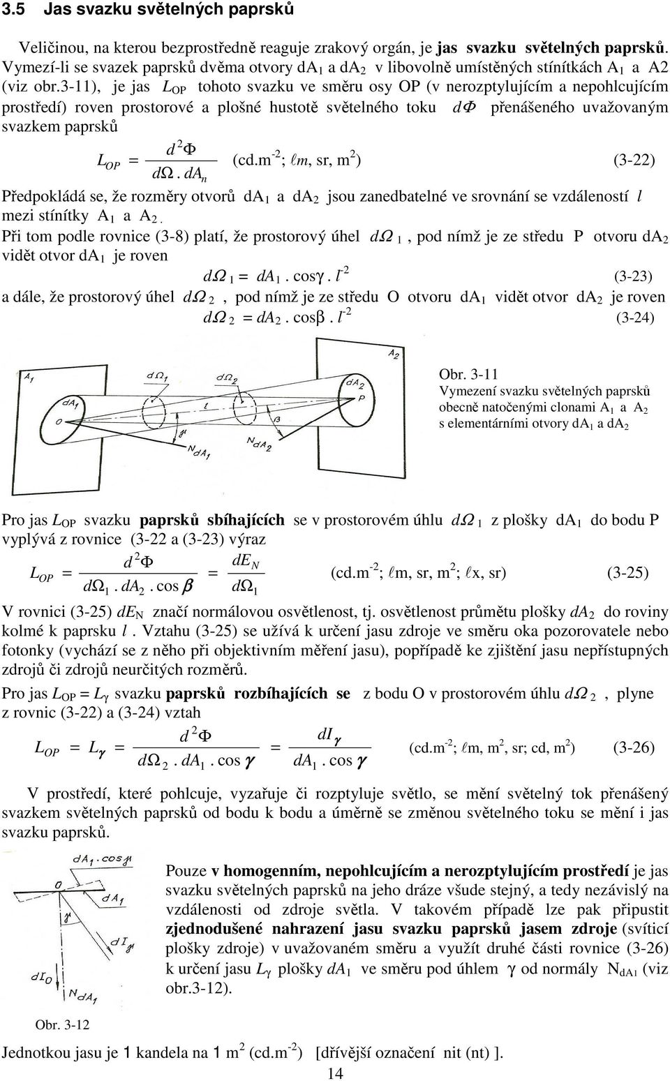 3-), je jas L OP tohoto svazku ve směru osy OP (v nerozptylujícím a nepohlcujícím prostředí) roven prostorové a plošné hustotě světelného toku dφ přenášeného uvažovaným svazkem paprsků 2 d Φ LOP =