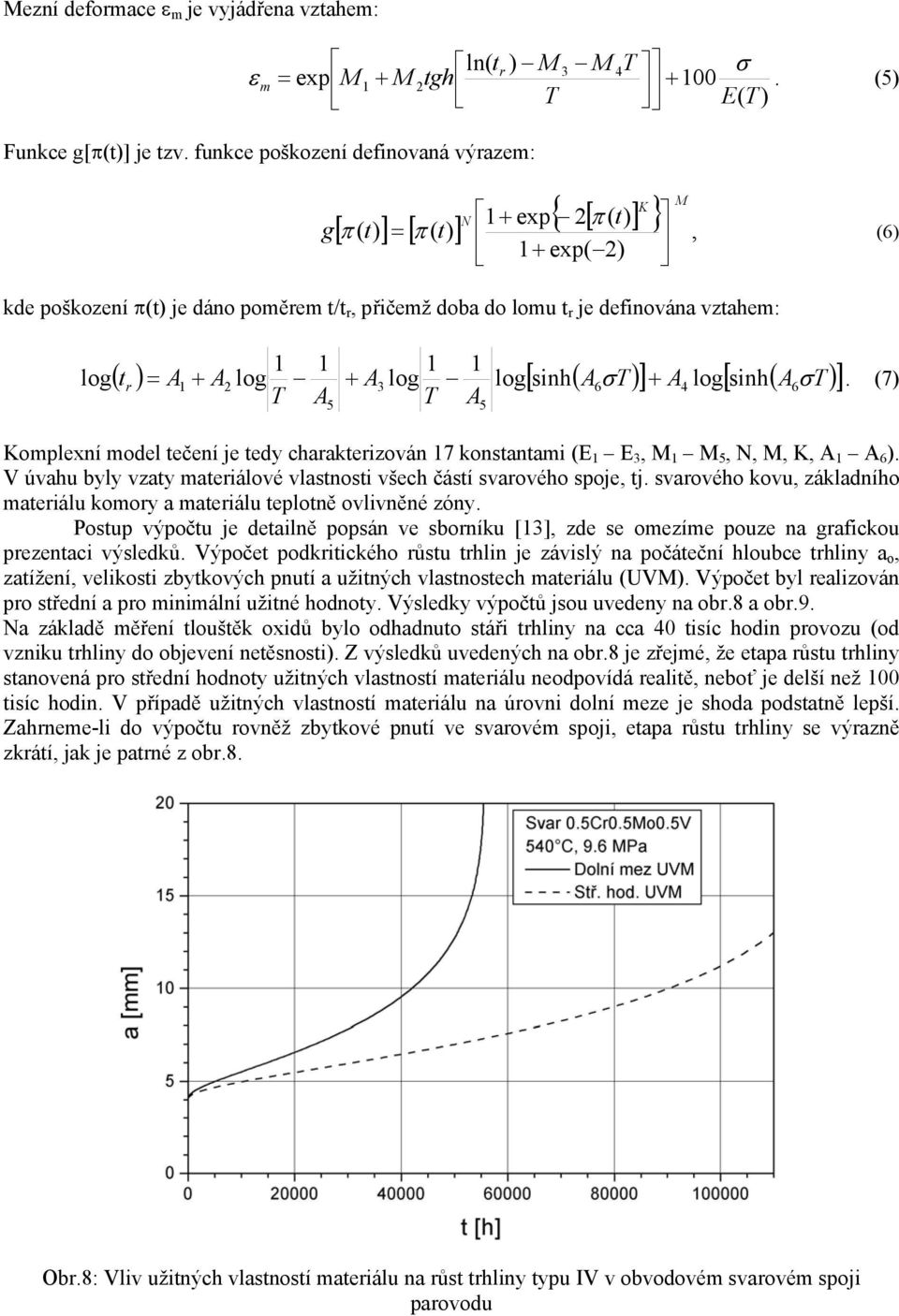 1 1 1 log( t r ) = A1 + A2 log + A3 log log[ sinh( A6σ T )] + A4 log[ sinh( A6σT )]. (7) T A T A 5 Komplexní model tečení je tedy charakterizován 17 konstantami (E 1 E 3, M 1 M 5, N, M, K, A 1 A 6 ).