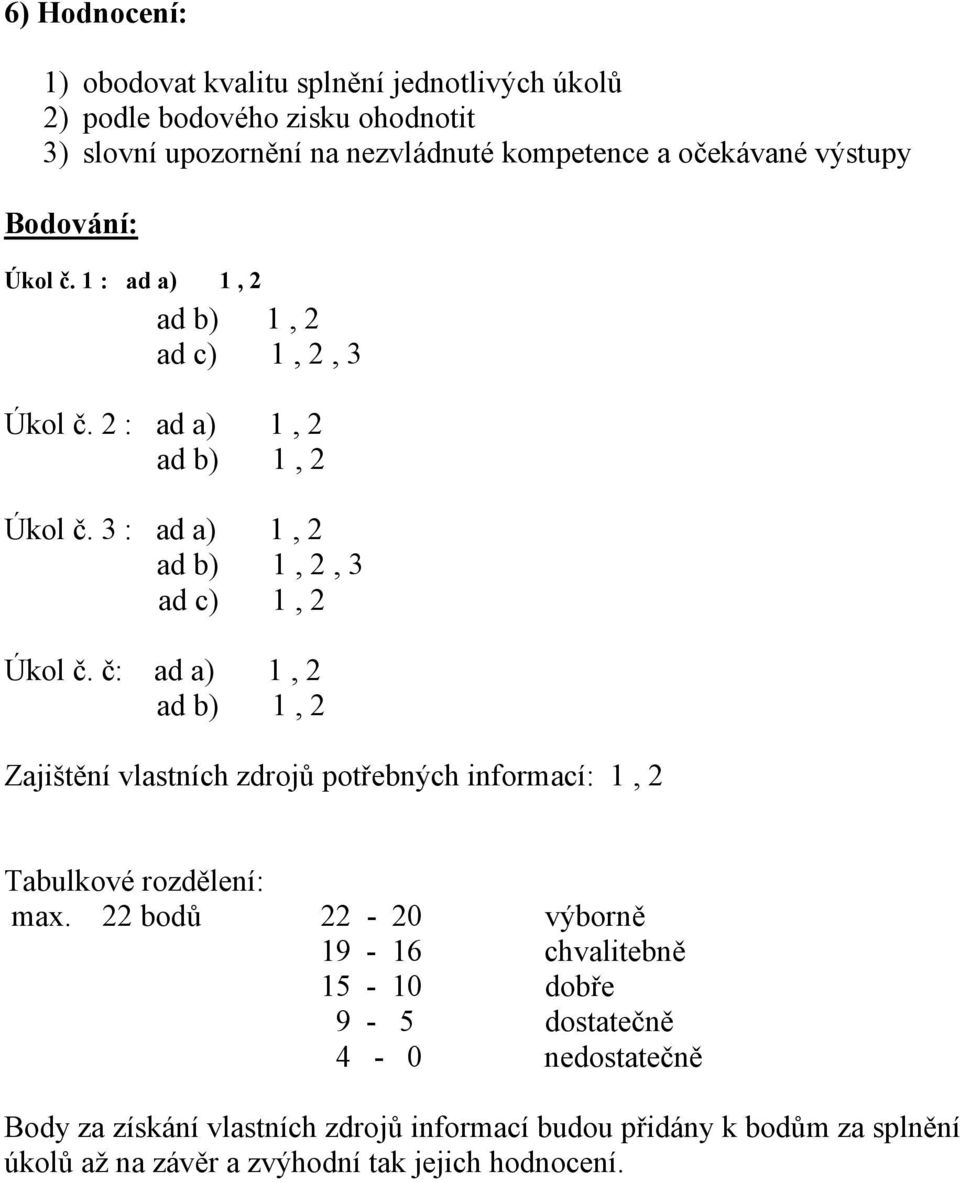 č: ad a) 1, 2 ad b) 1, 2 Zajištění vlastních zdrojů potřebných informací: 1, 2 Tabulkové rozdělení: max.