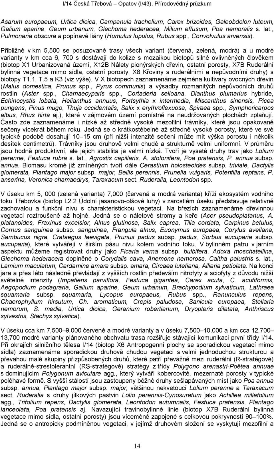 Přibližně v km 5,500 se posuzované trasy všech variant (červená, zelená, modrá) a u modré varianty v km cca 6, 700 s dostávají do kolize s mozaikou biotopů silně ovlivněných člověkem (biotop X1