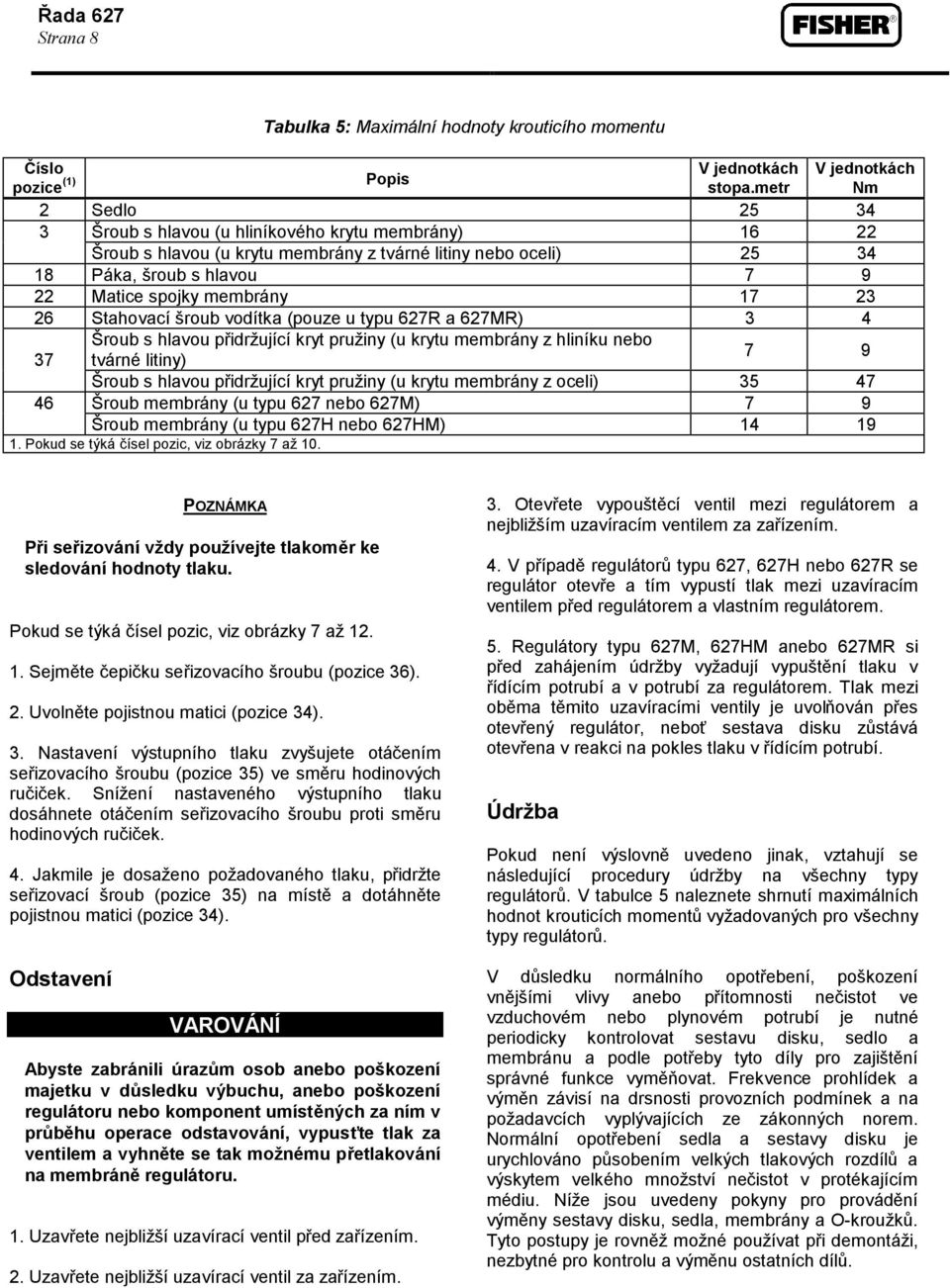 spojky membrány 17 23 26 Stahovací šroub vodítka (pouze u typu 627R a 627MR) 3 4 Šroub s hlavou přidržující kryt pružiny (u krytu membrány z hliníku nebo 37 tvárné litiny) 7 9 Šroub s hlavou