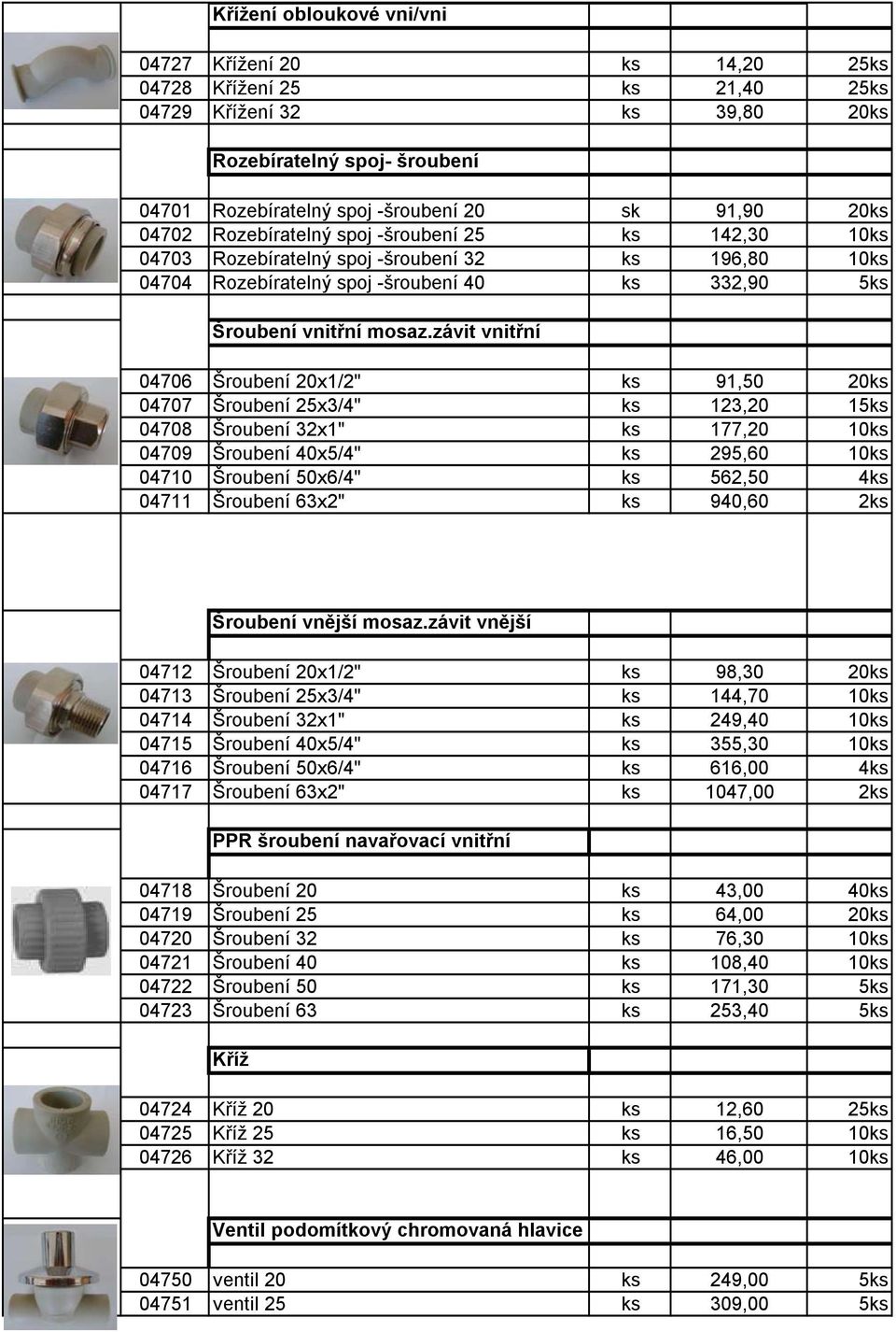 závit vnitřní 04706 Šroubení 20x1/2" ks 91,50 20ks 04707 Šroubení 25x3/4" ks 123,20 15ks 04708 Šroubení 32x1" ks 177,20 10ks 04709 Šroubení 40x5/4" ks 295,60 10ks 04710 Šroubení 50x6/4" ks 562,50 4ks