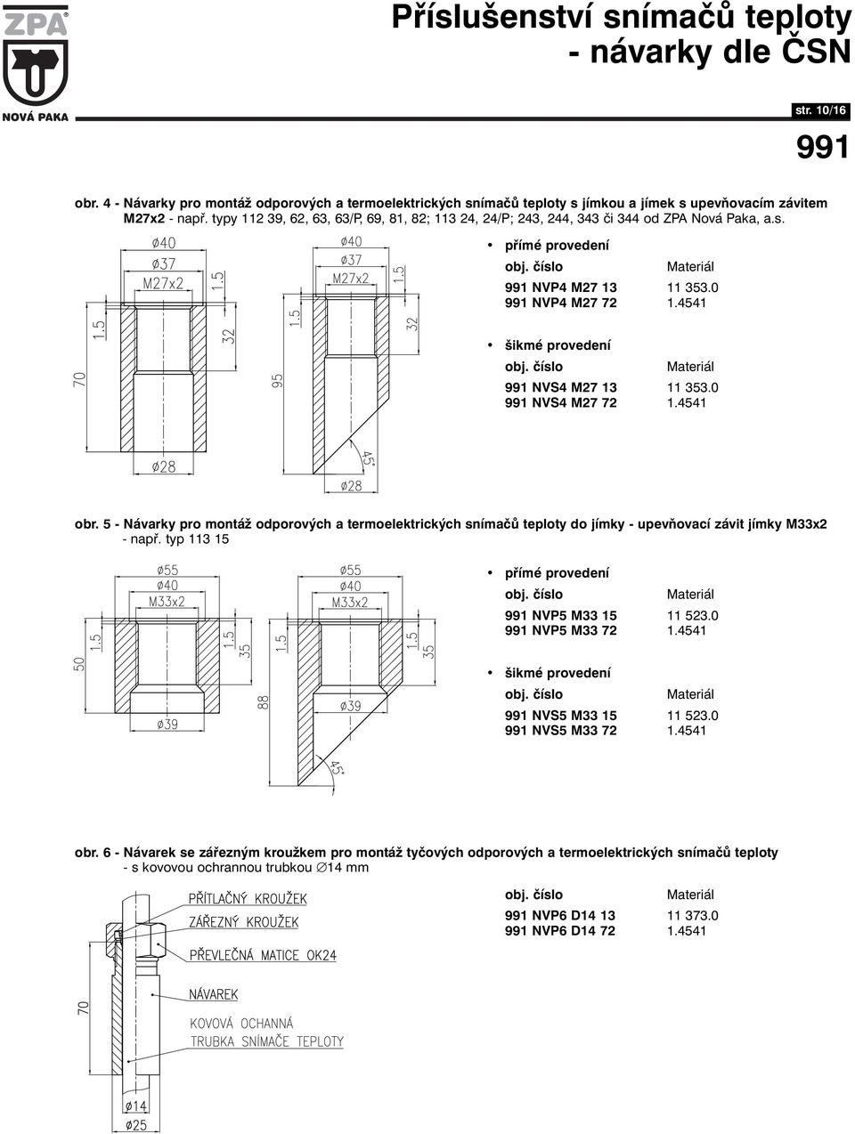 0 NVS4 M7 7.454 obr. 5 - Návarky pro montáž odporových a termoelektrických snímačů teploty do jímky - upevňovací závit jímky M33x - např. typ 3 5 přímé provedení obj. číslo Materiál NVP5 M33 5 53.