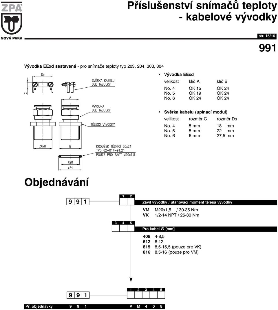 6 6 mm 7,5 mm Závit vývodky / utahovací moment tělesa vývodky VM M0x,5 / 30-35 Nm VK /-4 NPT / 5-30 Nm 3 4 5 Pro kabel [mm] 408 4-8,5 6 6-85 8,5-5,5 (pouze pro VK)