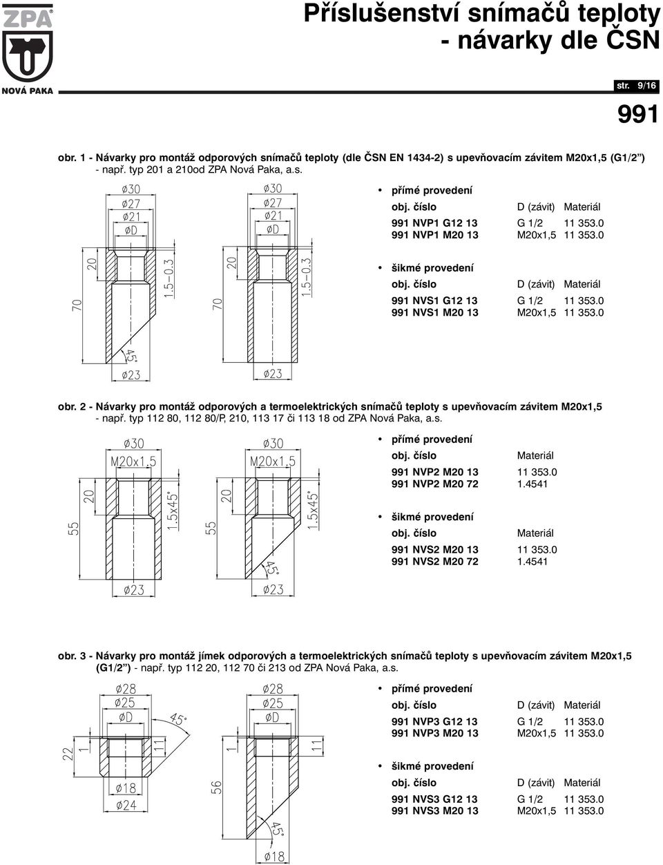 - Návarky pro montáž odporových a termoelektrických snímačů teploty s upevňovacím závitem M0x,5 obr. - - např. typ 80, 80/P, 0, 3 7 či 3 8 od ZPA Nová Paka, a.s. přímé provedení obj.