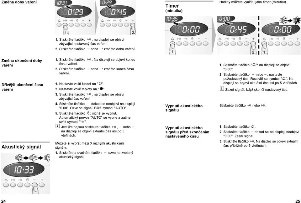 Stiskněte tlačítko nebo : změňte konec času vaření. 1. Nastavte volič funkcí na " ". 2. Nastavte volič teploty na " ". 3. Stiskněte tlačítko : na displeji se objeví zbývající čas vaření. 4.