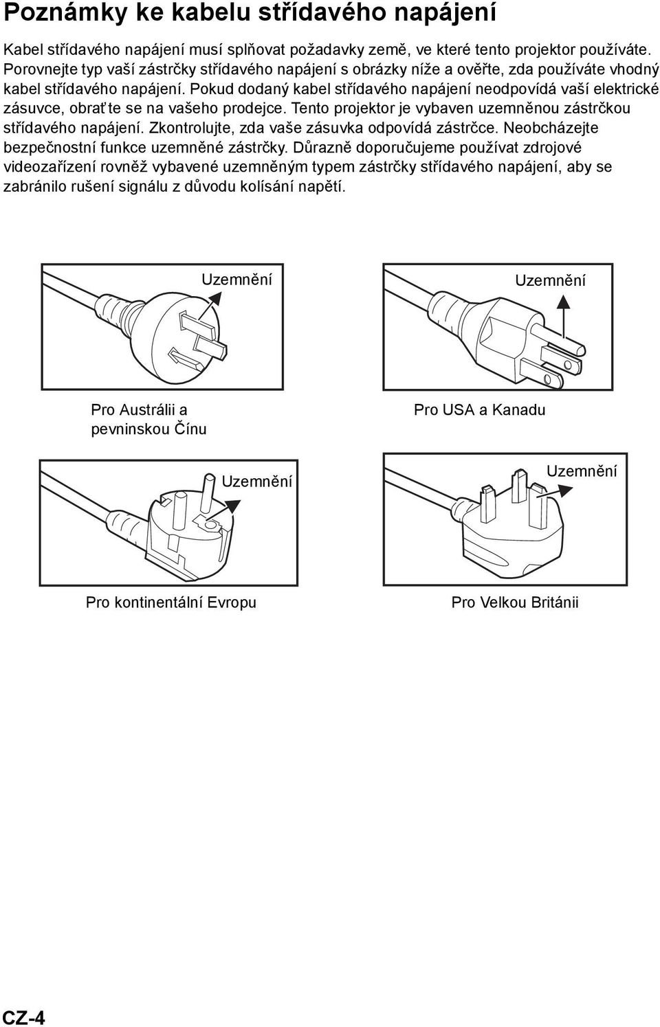 Pokud dodaný kabel střídavého napájení neodpovídá vaší elektrické zásuvce, obrať te se na vašeho prodejce. Tento projektor je vybaven uzemněnou zástrčkou střídavého napájení.