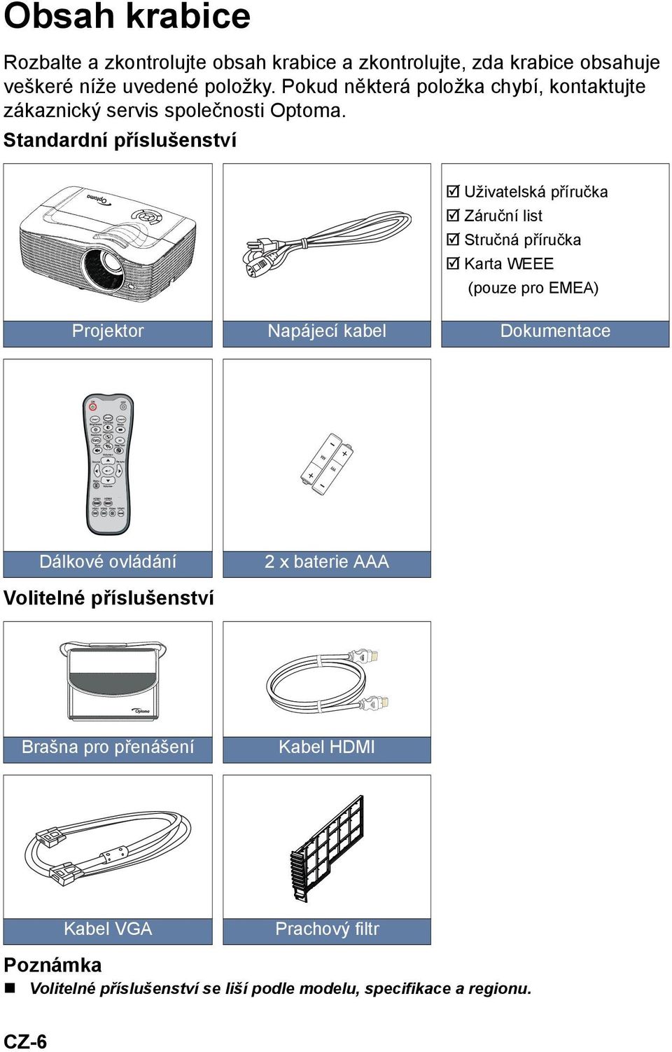 Standardní příslušenství Uživatelská příručka Záruční list Stručná příručka Karta WEEE (pouze pro EMEA) Projektor Napájecí kabel