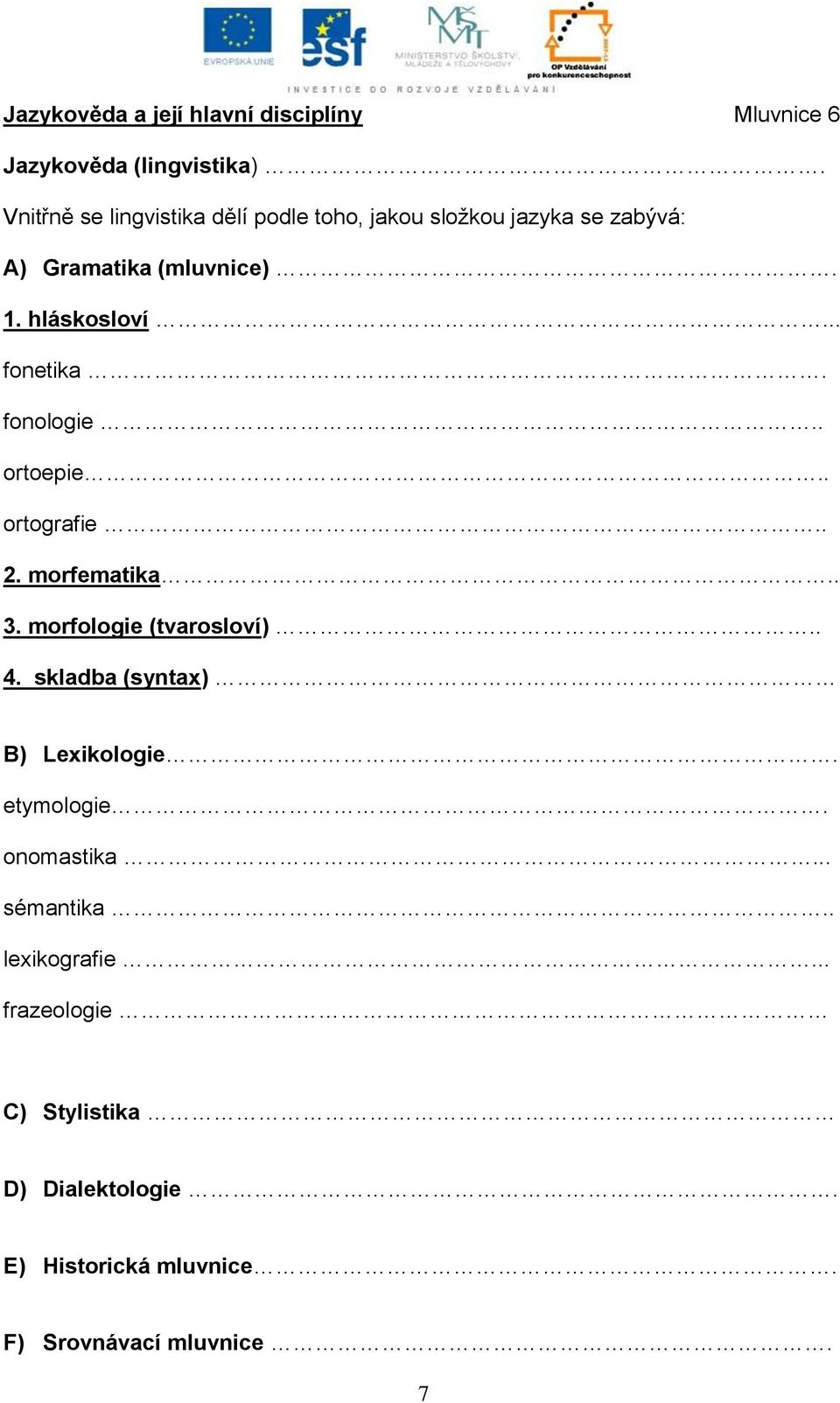 .. fonetika. fonologie.. ortoepie.. ortografie.. 2. morfematika.. 3. morfologie (tvarosloví).. 4.