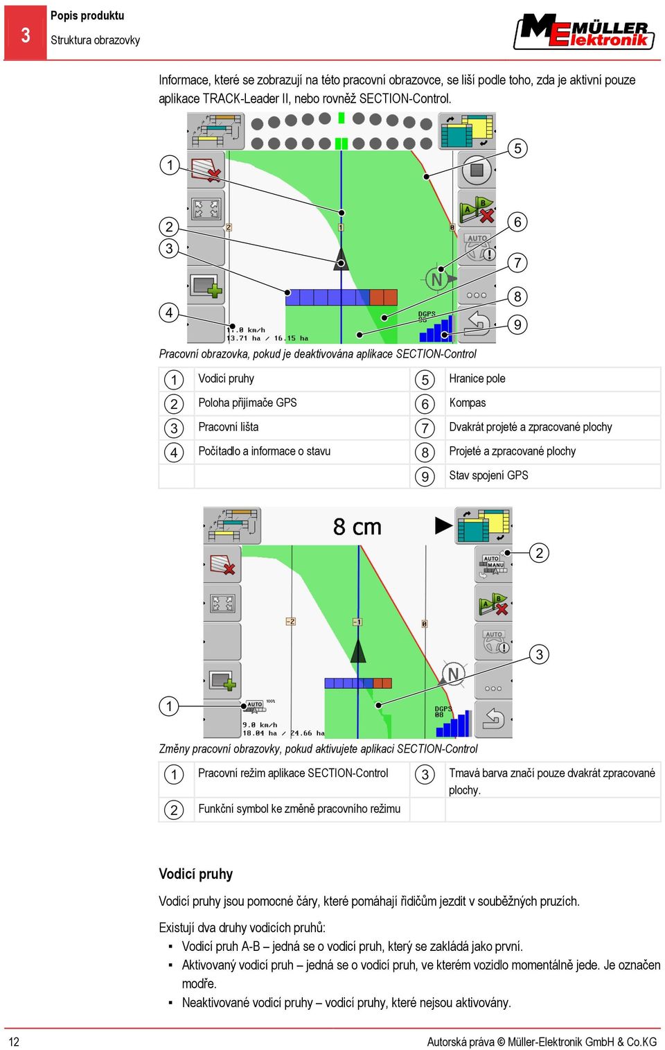 plochy Projeté a zpracované plochy Stav spojení GPS Změny pracovní obrazovky, pokud aktivujete aplikaci SECTION-Control Pracovní režim aplikace SECTION-Control Funkční symbol ke změně pracovního