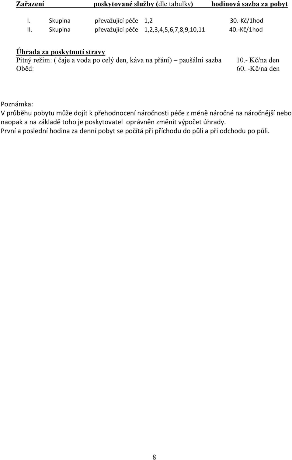 -Kč/1hod Úhrada za poskytnutí stravy Pitný režim: ( čaje a voda po celý den, káva na přání) paušální sazba Oběd: 10.- Kč/na den 60.