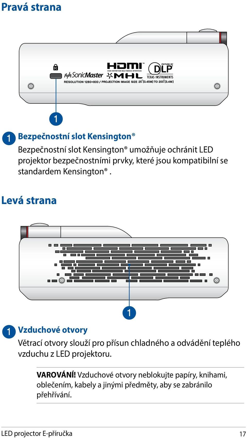 Levá strana Vzduchové otvory Větrací otvory slouží pro přísun chladného a odvádění teplého vzduchu z LED