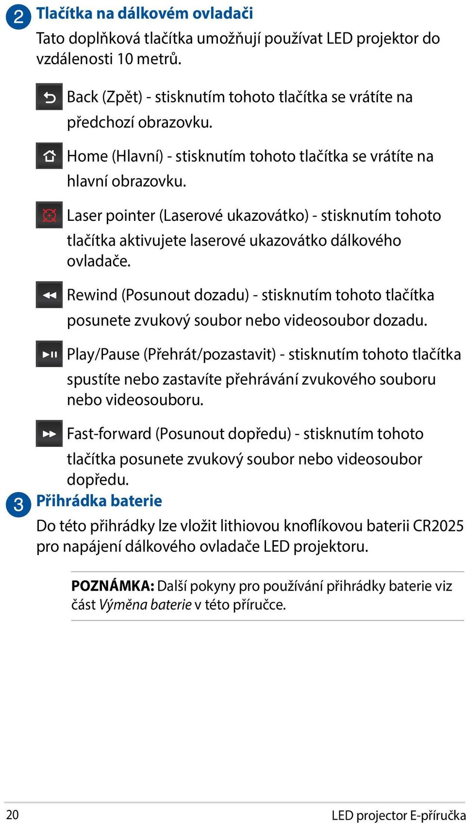 Rewind (Posunout dozadu) - stisknutím tohoto tlačítka posunete zvukový soubor nebo videosoubor dozadu.