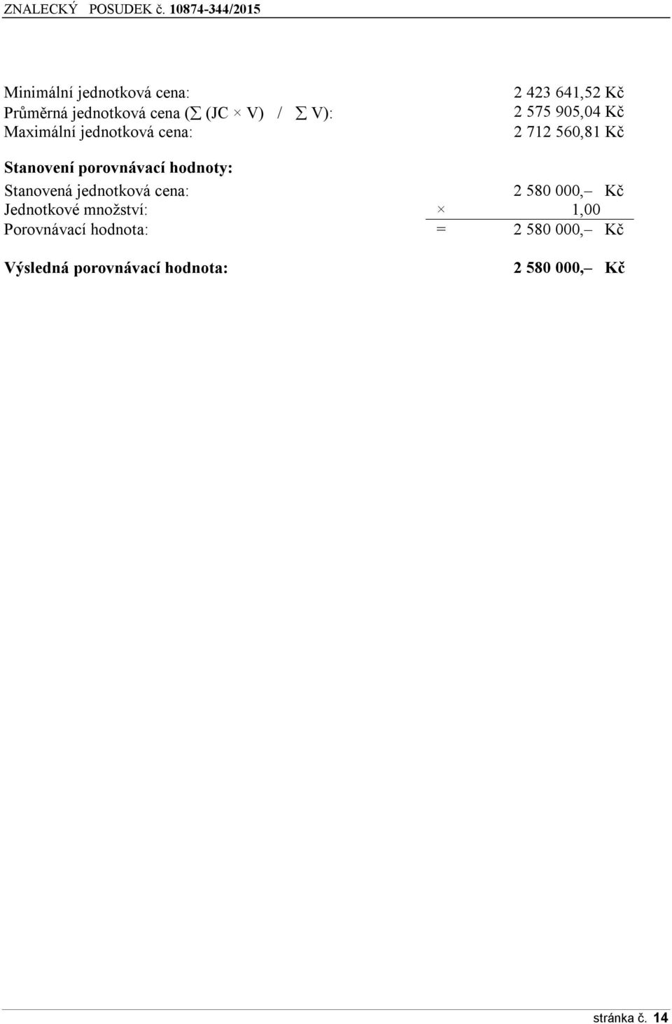 porovnávací hodnoty: Stanovená jednotková cena: 2 580 000, Kč Jednotkové množství: