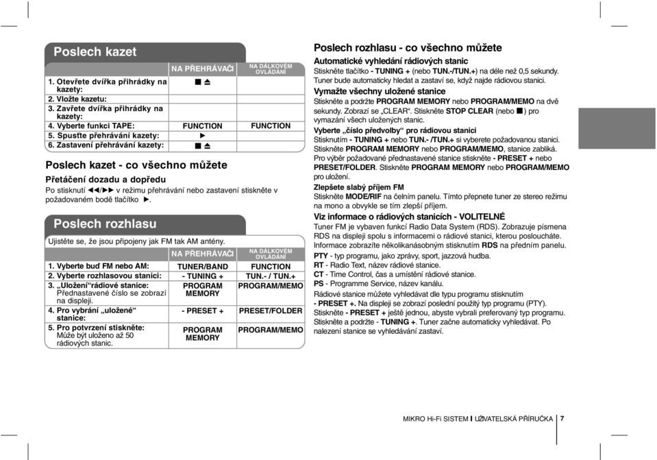 Uložení rádiové stanice: Přednastavené číslo se zobrazí na displeji. 4. Pro vybrání uložené stanice: 5. Pro potvrzení stiskněte: Může být uloženo až 50 rádiových stanic.