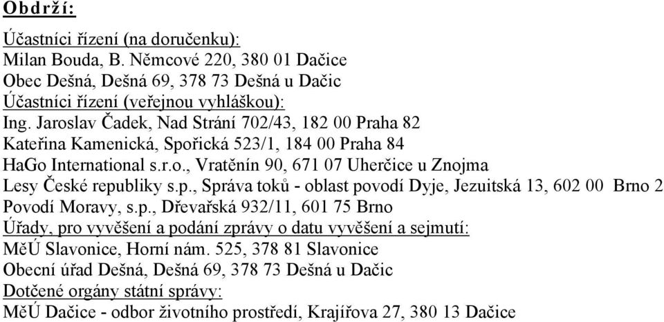 p., Správa toků - oblast povodí Dyje, Jezuitská 13, 602 00 Brno 2 Povodí Moravy, s.p., Dřevařská 932/11, 601 75 Brno Úřady, pro vyvěšení a podání zprávy o datu vyvěšení a sejmutí: MěÚ Slavonice, Horní nám.