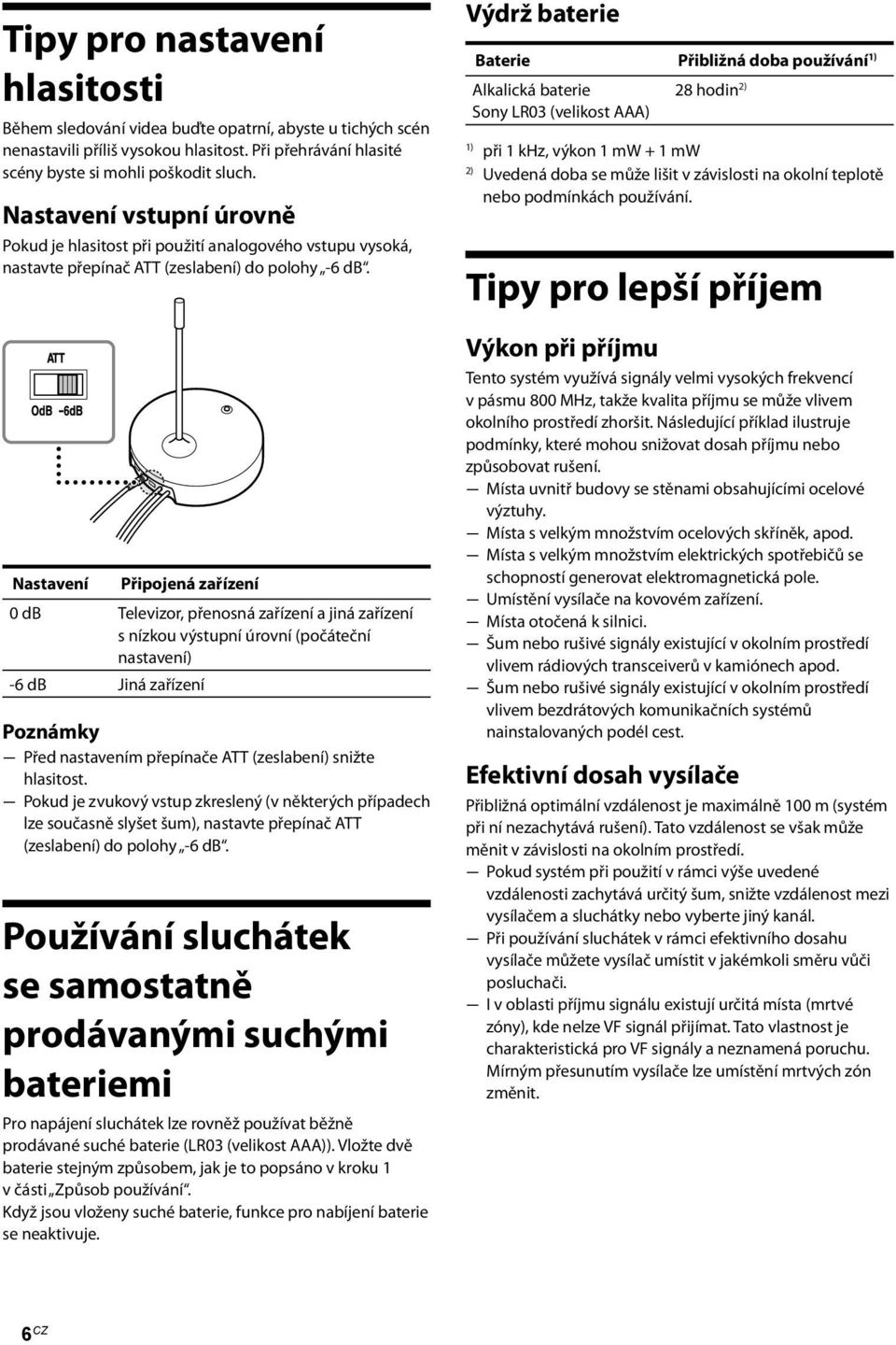 Nastavení Připojená zařízení 0 db Televizor, přenosná zařízení a jiná zařízení s nízkou výstupní úrovní (počáteční nastavení) -6 db Jiná zařízení Poznámky Před nastavením přepínače ATT (zeslabení)