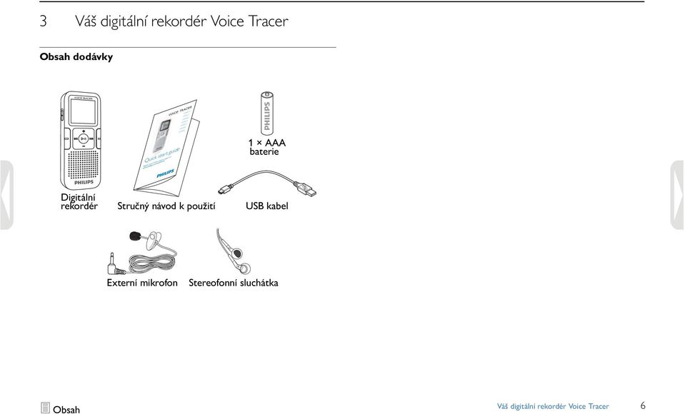 rekordér Voice Tracer Obsah dodávky 1 AAA baterie Digitální rekordér Váš digitální