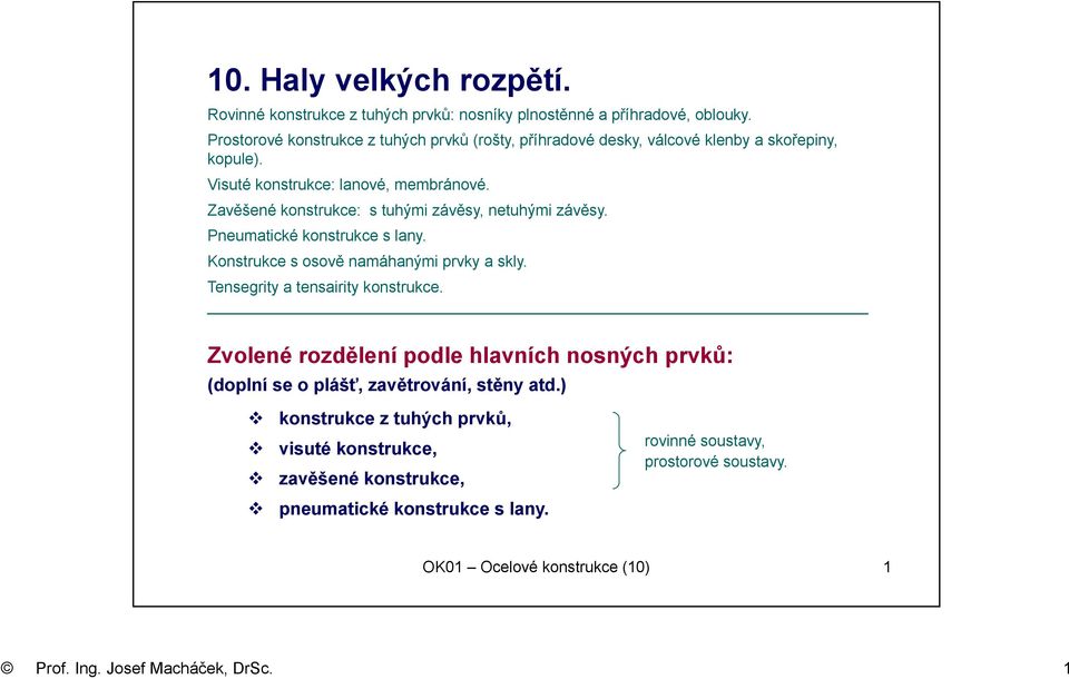 Zavěšené konstrukce: s tuhými závěsy, netuhými závěsy. Pneumatické konstrukce s lany. Konstrukce s osově namáhanými prvky a skly. Tensegrity a tensairity konstrukce.