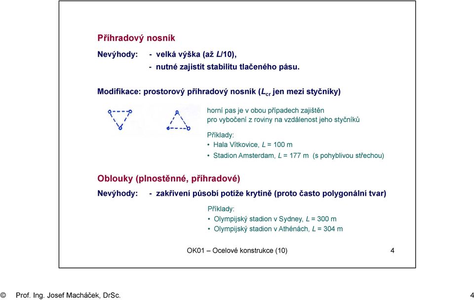 styčníků Příklady: Hala Vítkovice, L = 100 m Stadion Amsterdam, L = 177 m (s pohyblivou střechou) Oblouky (plnostěnné, příhradové) Nevýhody: -