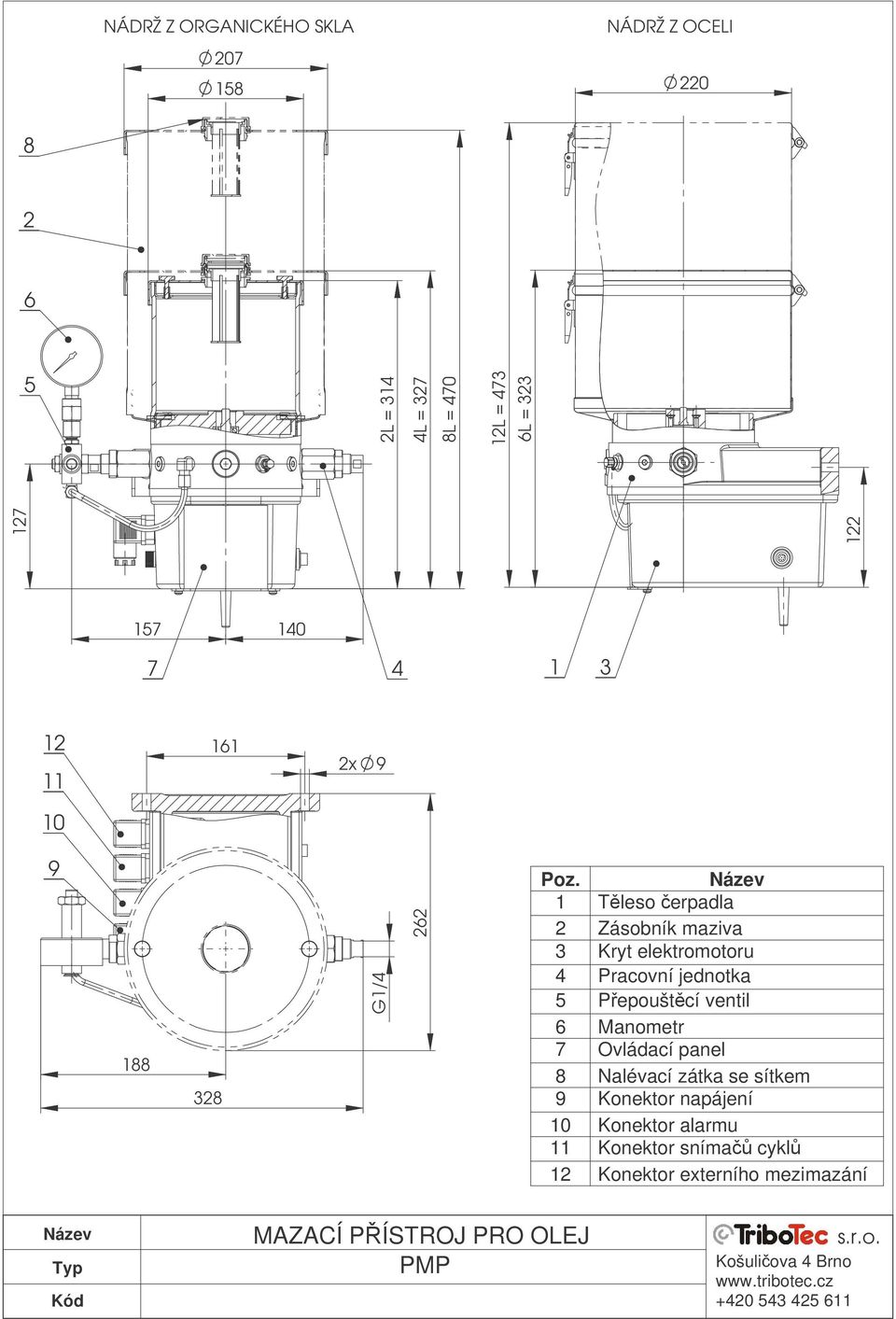 1 Tleso erpadla 2 Zásobník maziva 3 Kryt elektromotoru 4 Pracovní jednotka 5 Pepouštcí ventil 6 Manometr 7 Ovládací panel 8