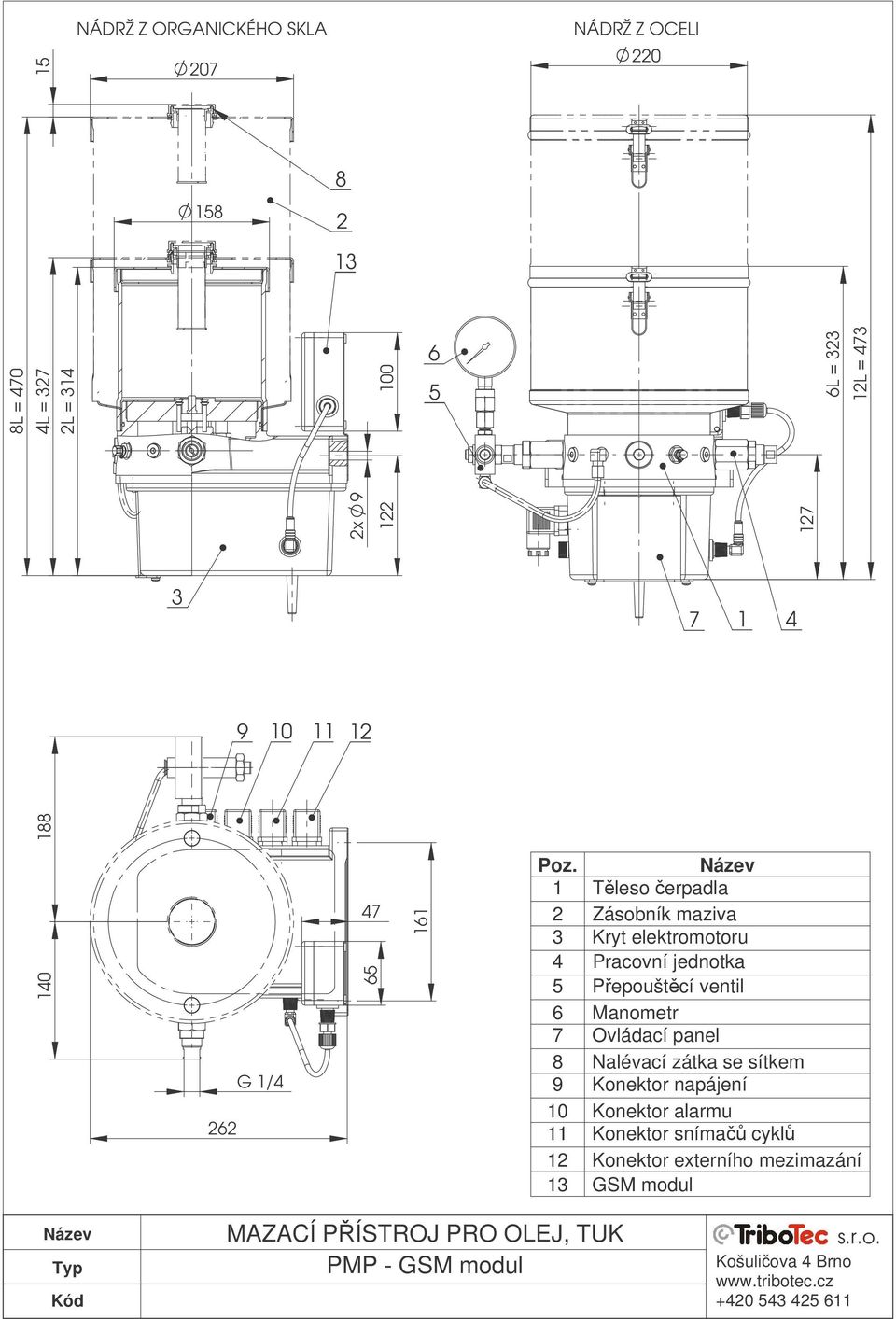 1 Tleso erpadla 2 Zásobník maziva 3 Kryt elektromotoru 4 Pracovní jednotka 5 Pepouštcí ventil 6 Manometr 7 Ovládací panel 8 Nalévací