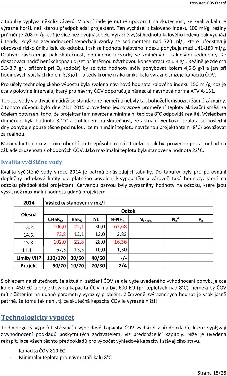 Výrazně vyšší hodnota kalového indexu pak vychází i tehdy, když se z vyhodnocení vynechají vzorky se sedimentem nad 720 ml/l, které představují obrovské riziko úniku kalu do odtoku.