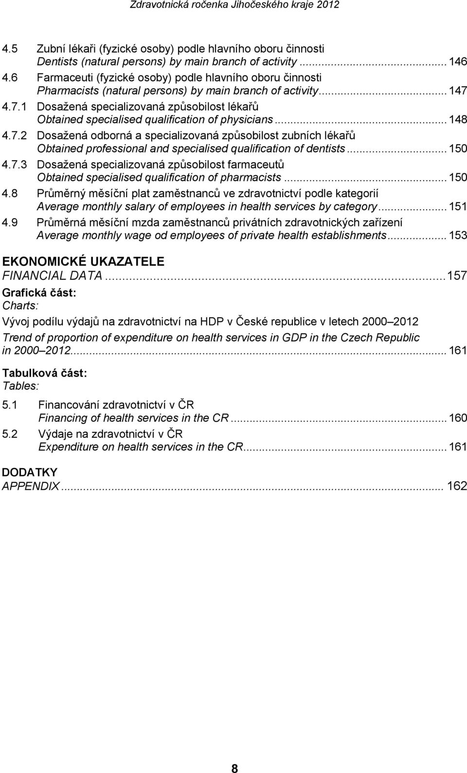 4.7.1 Dosažená specializovaná způsobilost lékařů Obtained specialised qualification of physicians...148 4.7.2 Dosažená odborná a specializovaná způsobilost zubních lékařů Obtained professional and specialised qualification of dentists.