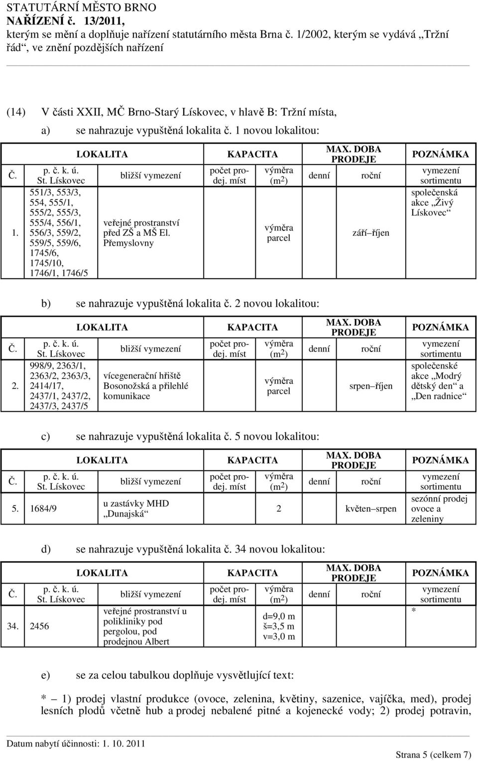 Přemyslovny parcel září říjen společenská akce Živý Lískovec b) se nahrazuje vypuštěná lokalita č. 2 novou lokalitou: 2.