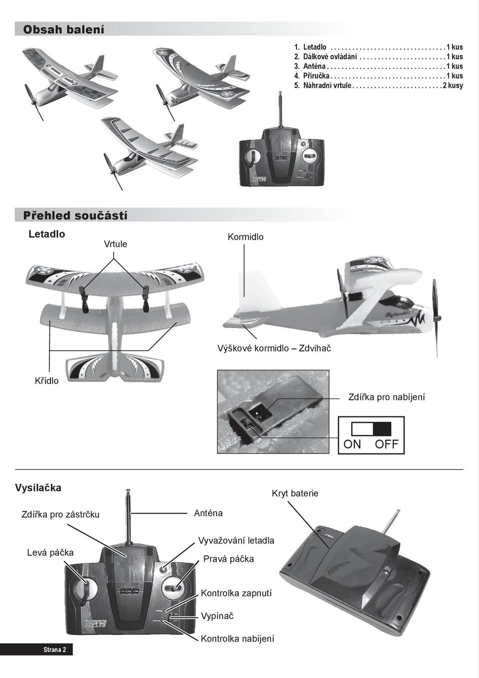 ........................ 2 kusy Přehled součástí Letadlo Vrtule Kormidlo Výškové kormidlo Zdvihač Křídlo Zdířka pro nabíjení