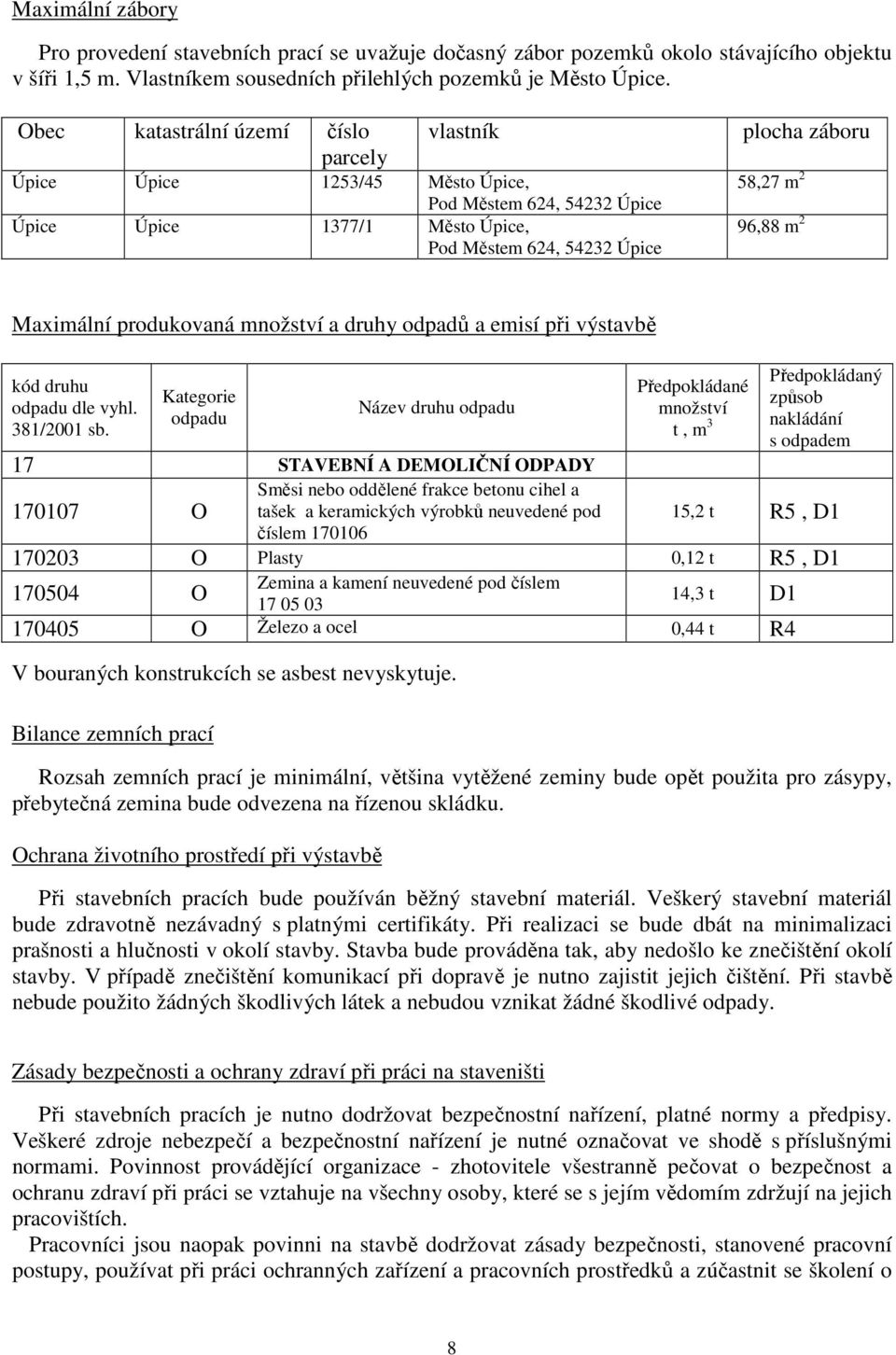 2 Maximální produkovaná množství a druhy odpadů a emisí při výstavbě kód druhu odpadu dle vyhl. 381/2001 sb.