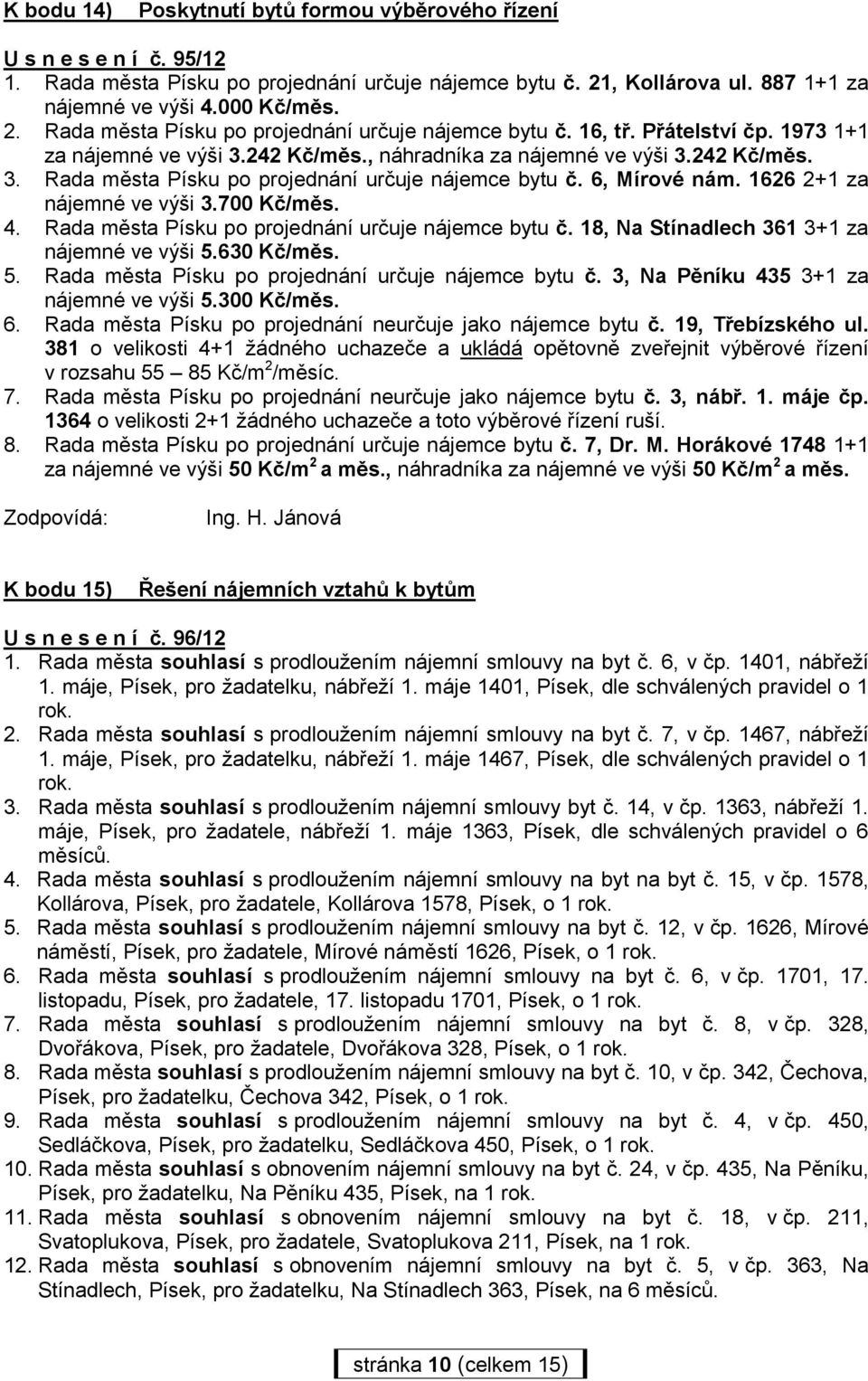 1626 2+1 za nájemné ve výši 3.700 Kč/měs. 4. Rada města Písku po projednání určuje nájemce bytu č. 18, Na Stínadlech 361 3+1 za nájemné ve výši 5.630 Kč/měs. 5. Rada města Písku po projednání určuje nájemce bytu č. 3, Na Pěníku 435 3+1 za nájemné ve výši 5.