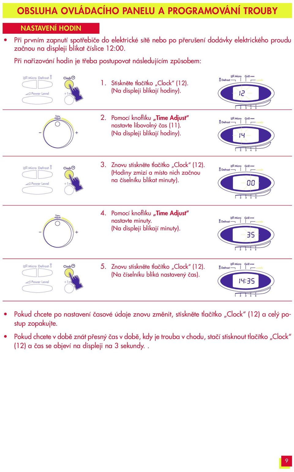 (Na displeji blikají hodiny).. Znovu stisknûte tlaãítko Clock (12). (Hodiny zmizí a místo nich zaãnou na ãíselníku blikat minuty).. Pomocí knoflíku Time Adjust nastavte minuty.