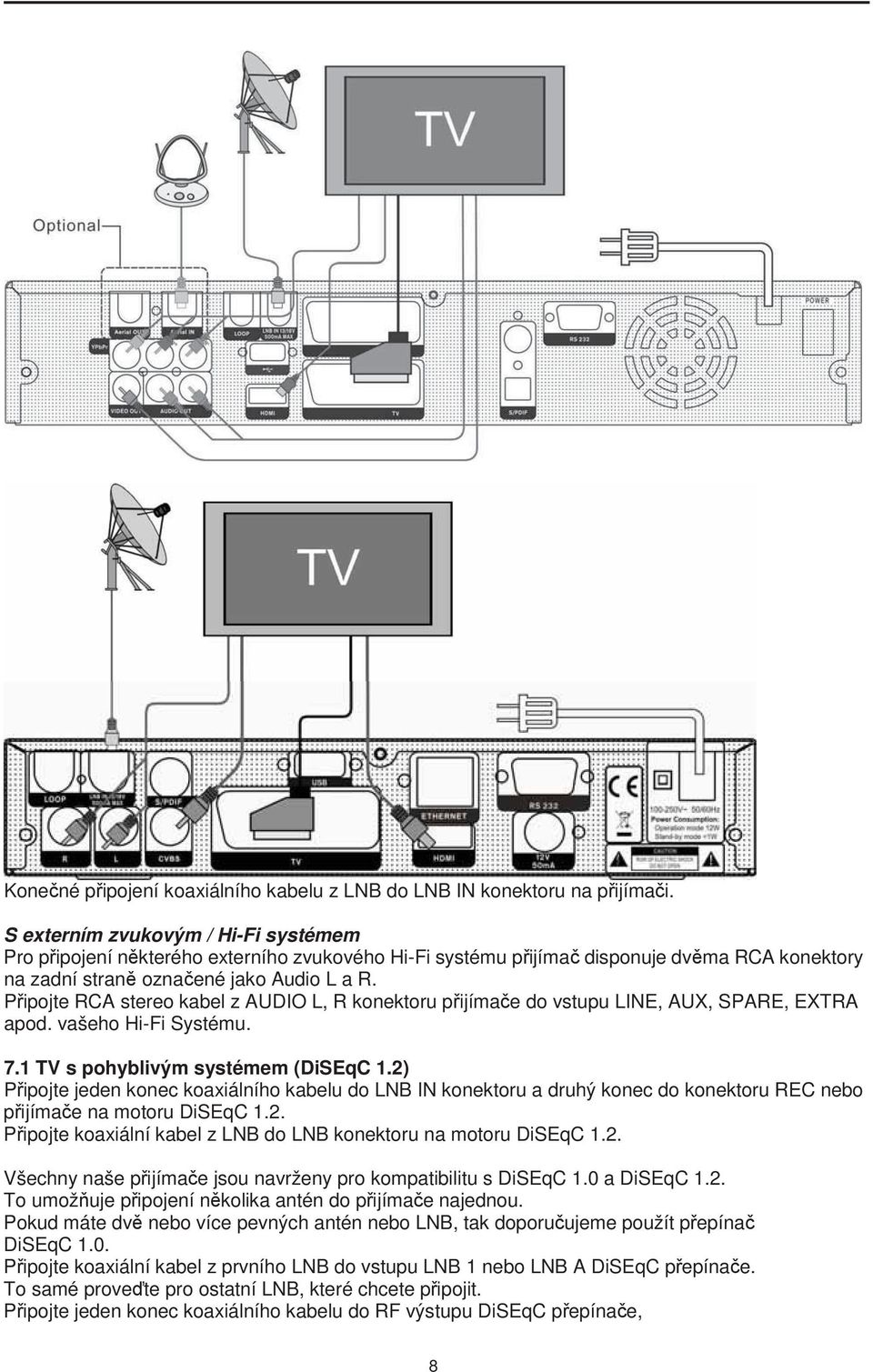 P ipojte RCA stereo kabel z AUDIO L, R konektoru p ijíma e do vstupu LINE, AUX, SPARE, EXTRA apod. vašeho Hi-Fi Systému. 7.1 TV s pohyblivým systémem (DiSEqC 1.