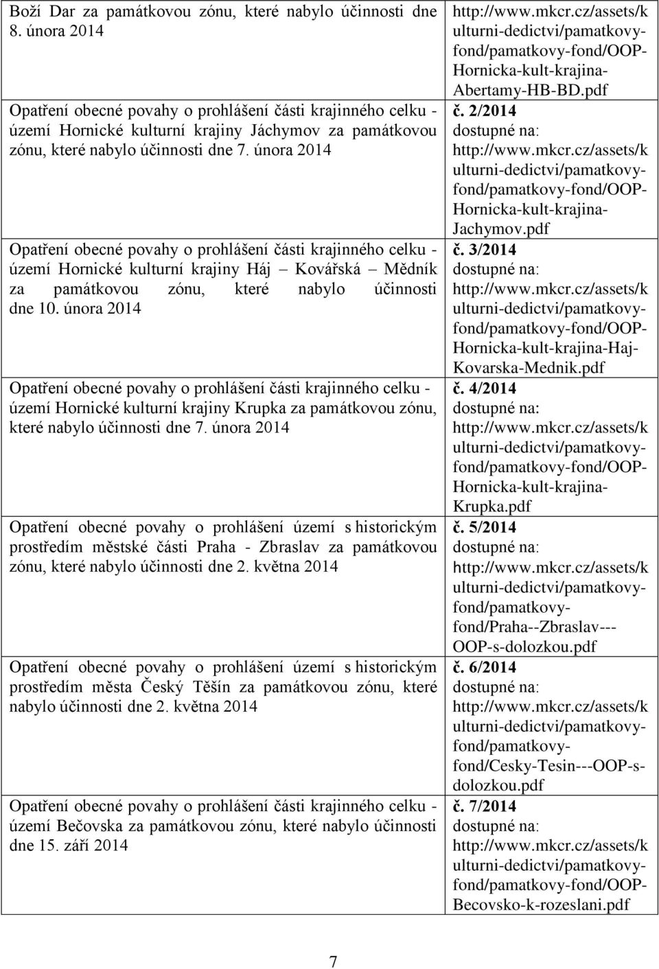 února 2014 Opatření obecné povahy o prohlášení části krajinného celku - území Hornické kulturní krajiny Háj Kovářská Mědník za památkovou zónu, které nabylo účinnosti dne 10.