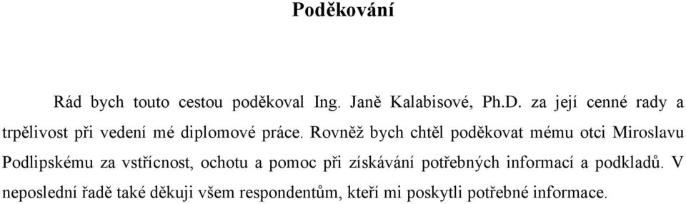 Rovněž bych chtěl poděkovat mému otci Miroslavu Podlipskému za vstřícnost, ochotu a pomoc