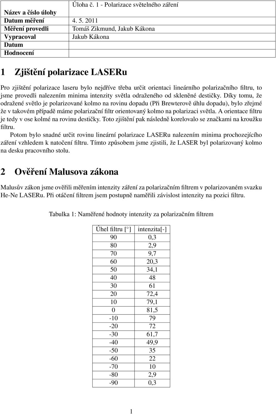 polarizačního filtru, to jsme provedli nalezením minima intenzity světla odraženého od skleněné destičky.