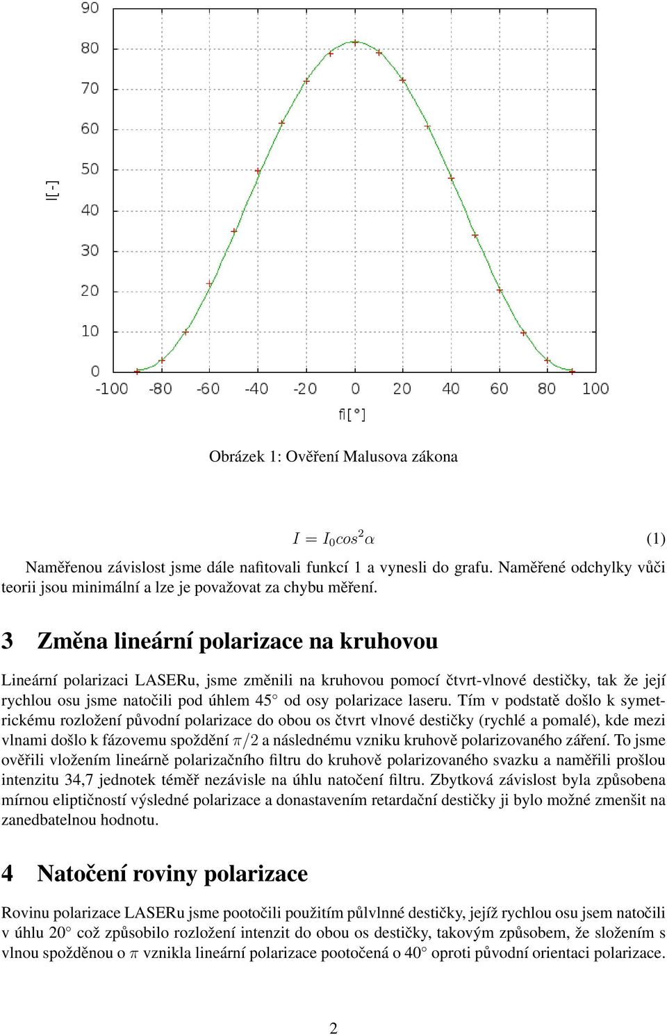 3 Změna lineární polarizace na kruhovou Lineární polarizaci LASERu, jsme změnili na kruhovou pomocí čtvrt-vlnové destičky, tak že její rychlou osu jsme natočili pod úhlem 45 od osy polarizace laseru.