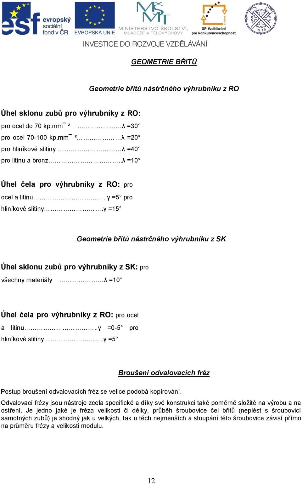 γ =15 Geometrie břitů nástrčného výhrubníku z SK Úhel sklonu zubů pro výhrubníky z SK: pro všechny materiály λ =10 Úhel čela pro výhrubníky z RO: pro ocel a litinu..γ =0-5 pro hliníkové slitiny.