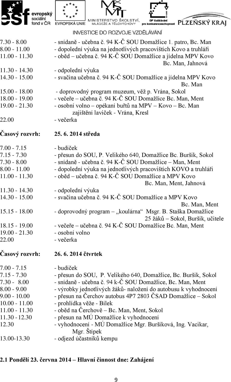 00 - doprovodný program muzeum, věž p. Vrána, Sokol 18.00-19.00 - večeře učebna č. 94 K-Č SOU Domažlice Bc. Man, Ment 19.00-21.30 - osobní volno opékaní buřtů na MPV Kovo Bc.