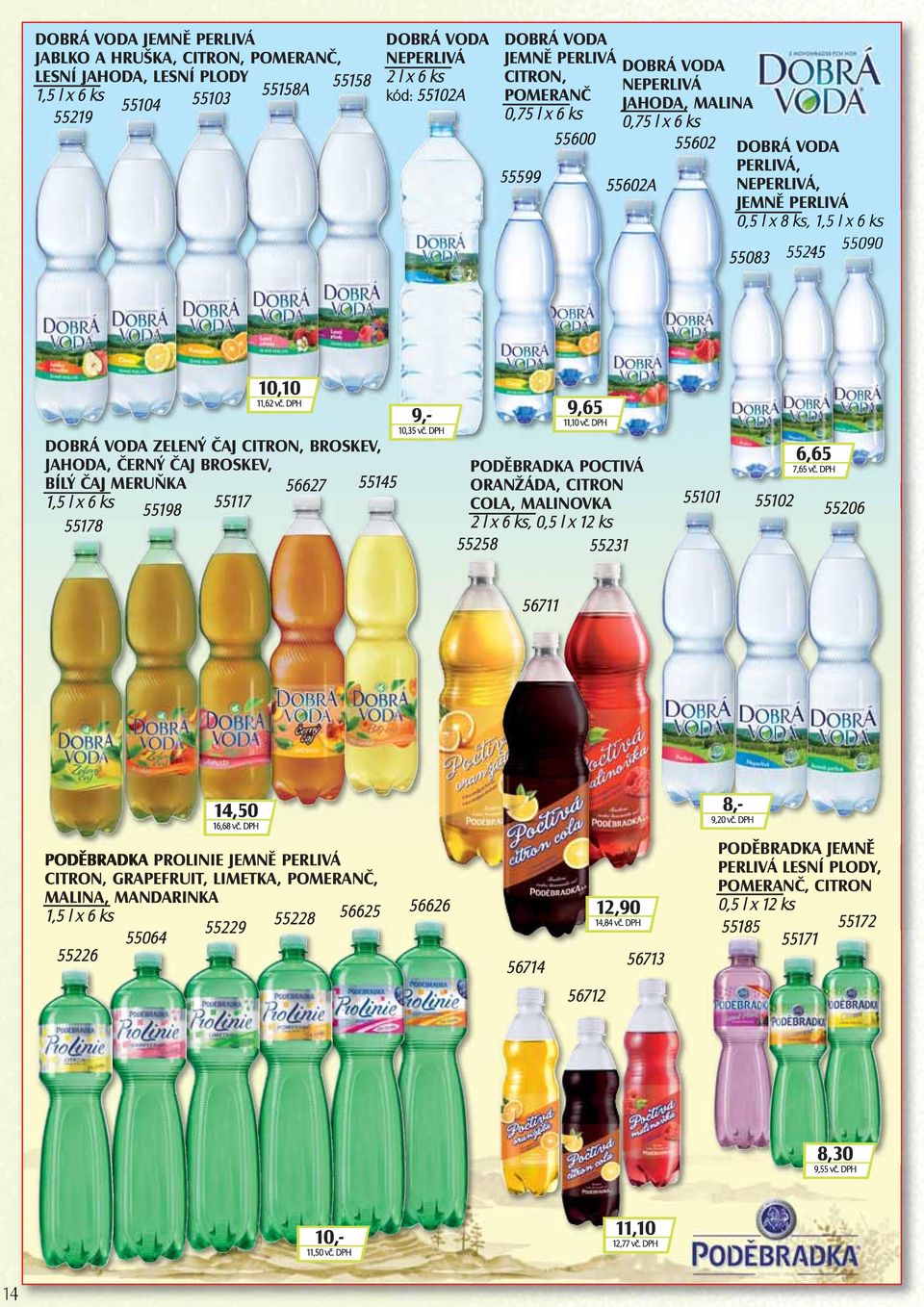 DOBRÁ VODA ZELENÝ ČAJ CITRON, BROSKEV, JAHODA, ČERNÝ ČAJ BROSKEV, BÍLÝ ČAJ MERUŇKA 56627 55145 1,5 l x 6 ks 55117 55178 55198 10,10 11,62 vč. DPH 9,- 10,35 vč. DPH 9,65 11,10 vč.