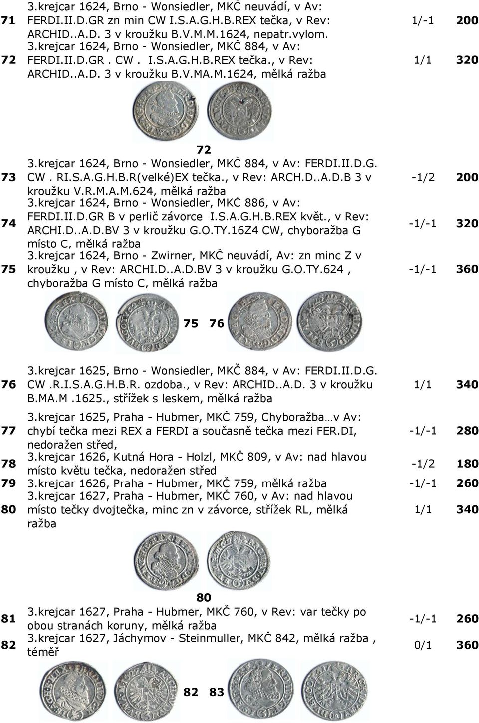 , v Rev: ARCH.D..A.D.B 3 v kroužku V.R.M.A.M.624, mělká ražba 3.krejcar 1624, Brno - Wonsiedler, MKČ 886, v Av: FERDI.II.D.GR B v perlič závorce I.S.A.G.H.B.REX květ., v Rev: ARCHI.D..A.D.BV 3 v kroužku G.